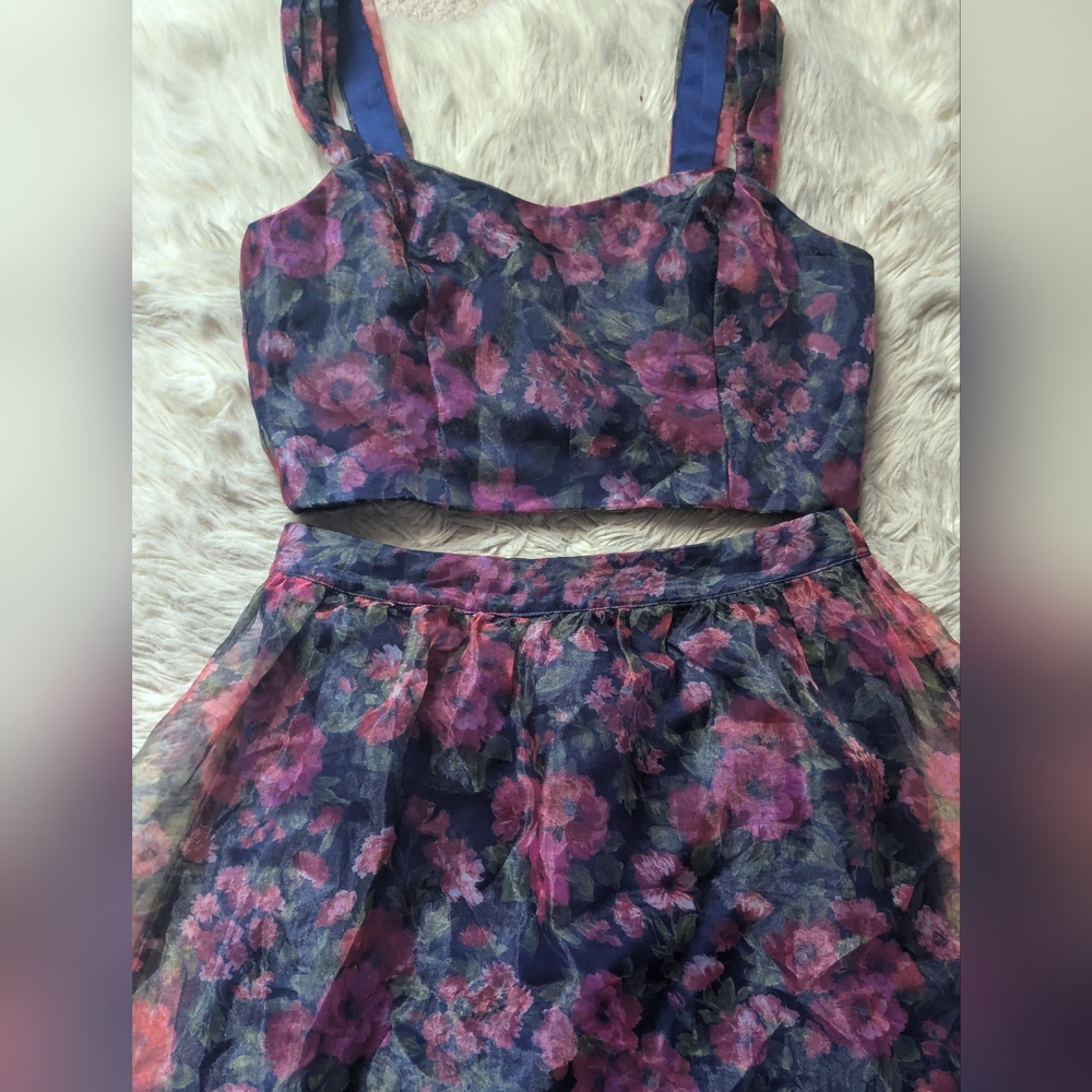 EUC Lulus Exceptional Event Navy Blue Floral Print Two Piece Maxi Dress - Picture 6 of 11